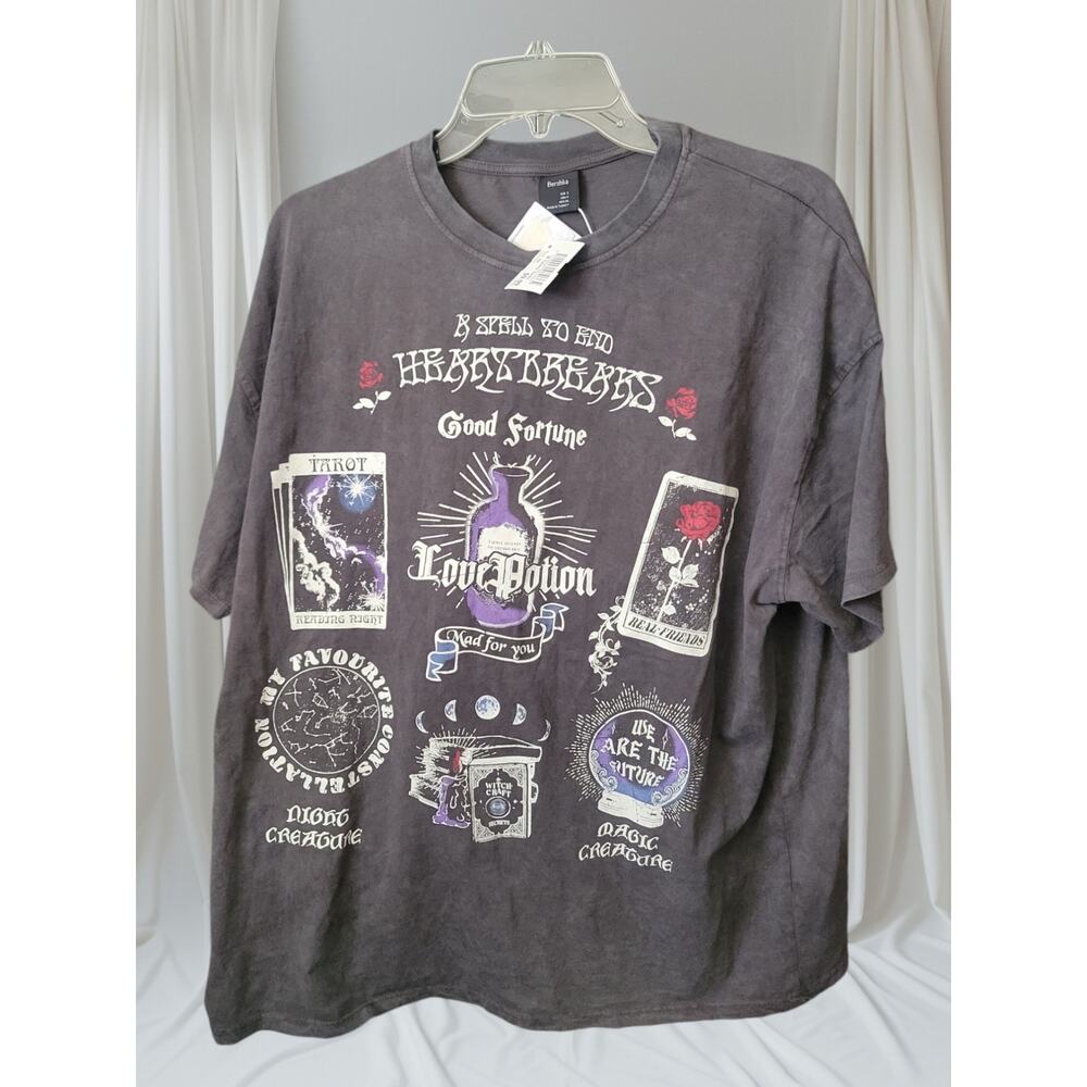 Bershka Graphic T-Women‎ S Grey WitchyTtarot Love Potion Gothic Mystical New